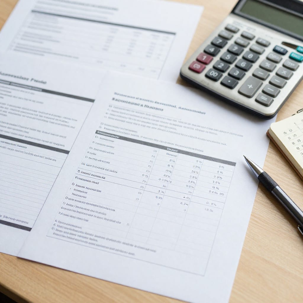Financial documents and calculator showing interest rate calculations and account comparisons on wooden desk