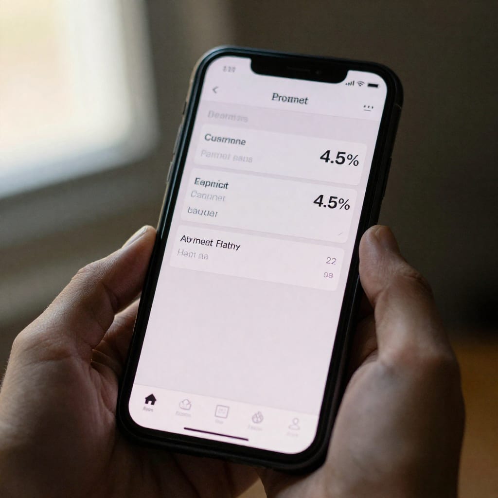 Smartphone showing mobile banking app interface with account balance and interest rate information displayed on screen