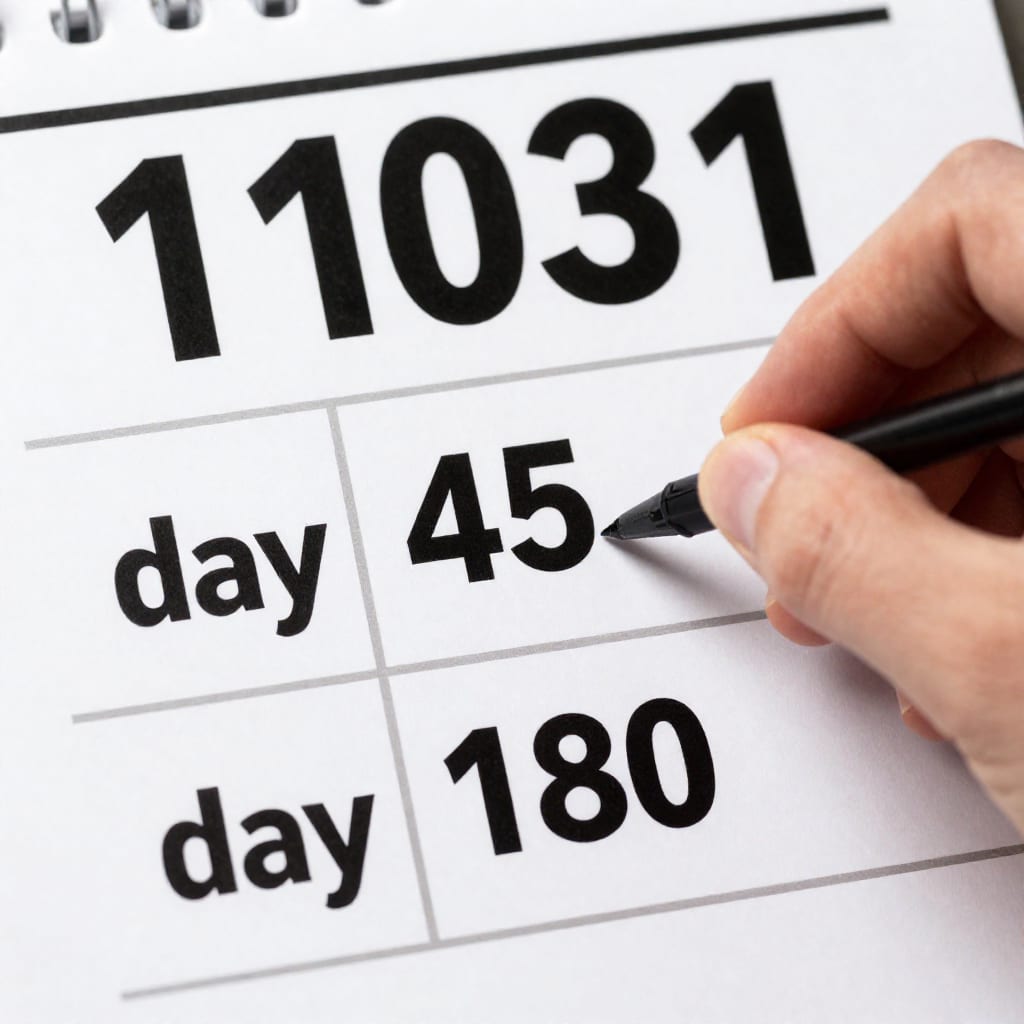 Calendar illustrating 1031 exchange timeline with day 0, and 180 deadlines