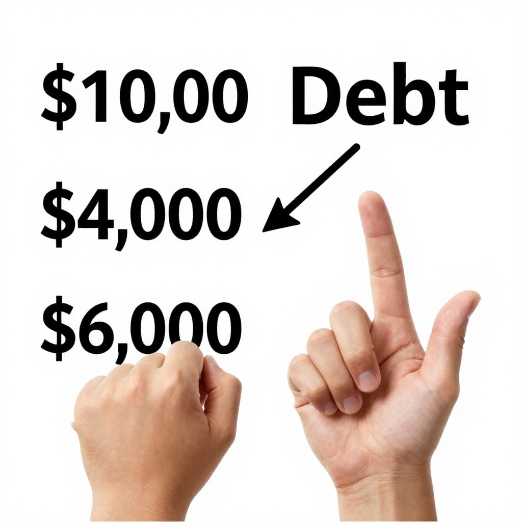 Chart comparing $10, 000 debt, 000 settlement, 000 canceled debt with a tax arrow pointing to $1