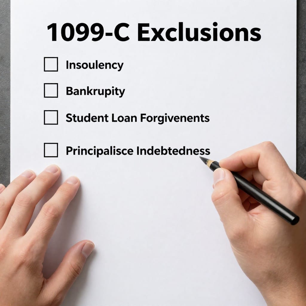 Checklist titled '1099-C Exclusions' with boxes for Insolvency, Bankruptcy, Student Loan Forgiveness, and Principal