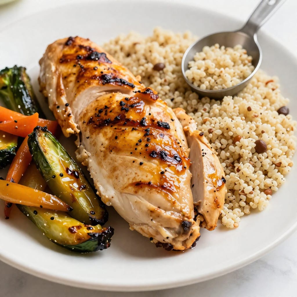 Close-up of a healthy plate with chicken, vegetables, and quinoa