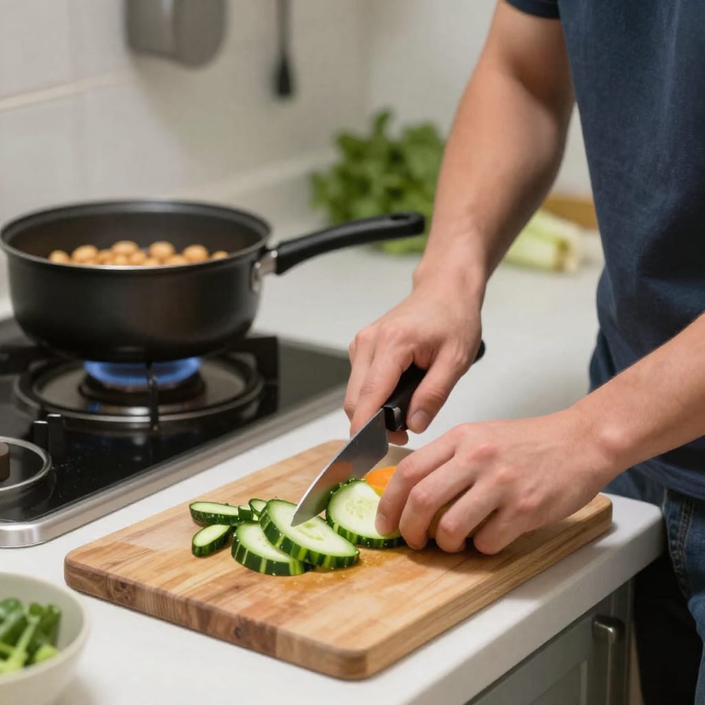 Young man chopping vegetables in a small kitchen