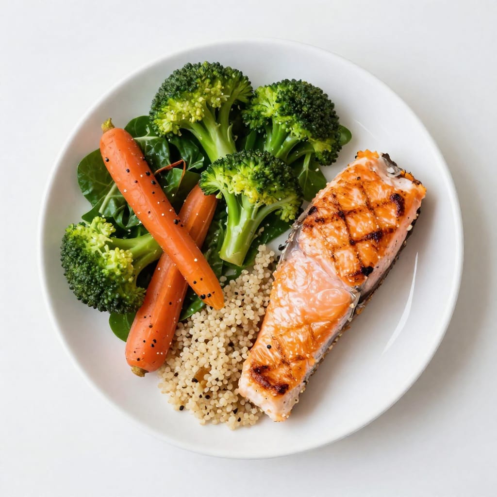 White plate divided into vegetables, quinoa, and salmon