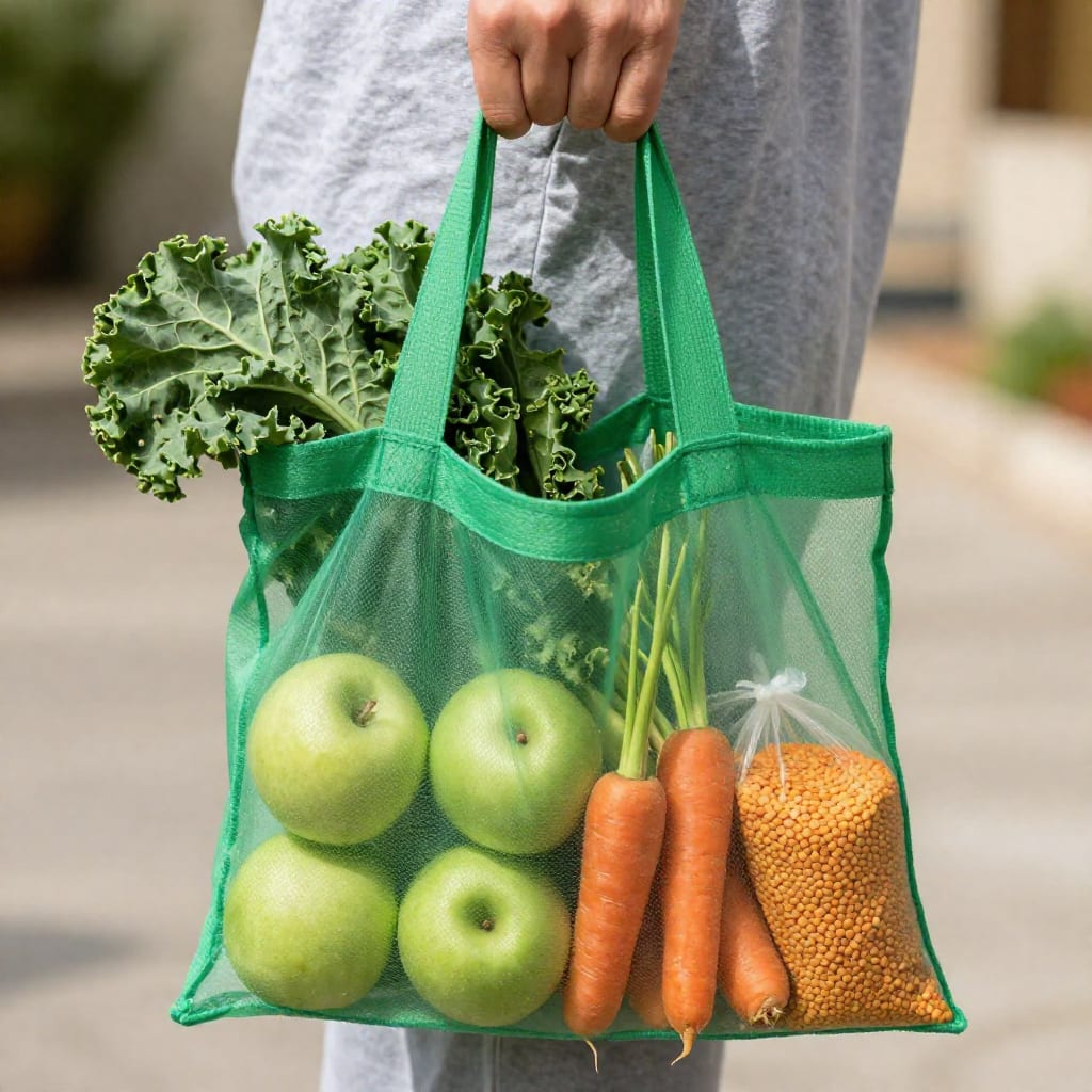 Hands holding a reusable bag with fresh produce and lentils