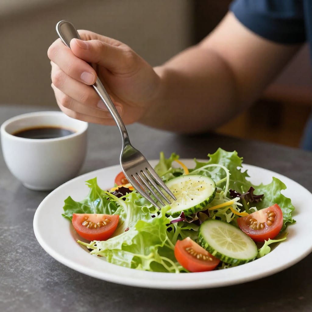 Hand holding fork over salad plate with coffee in background, no phone or app in sight