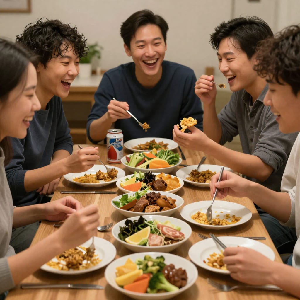 Friends laughing and sharing a meal at a table, no phones visible